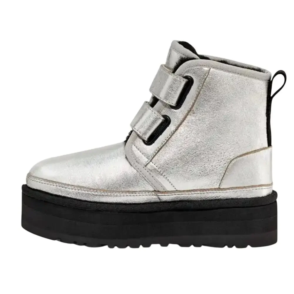 UGG Neumel Platform Leather Silver Metalic Size 4